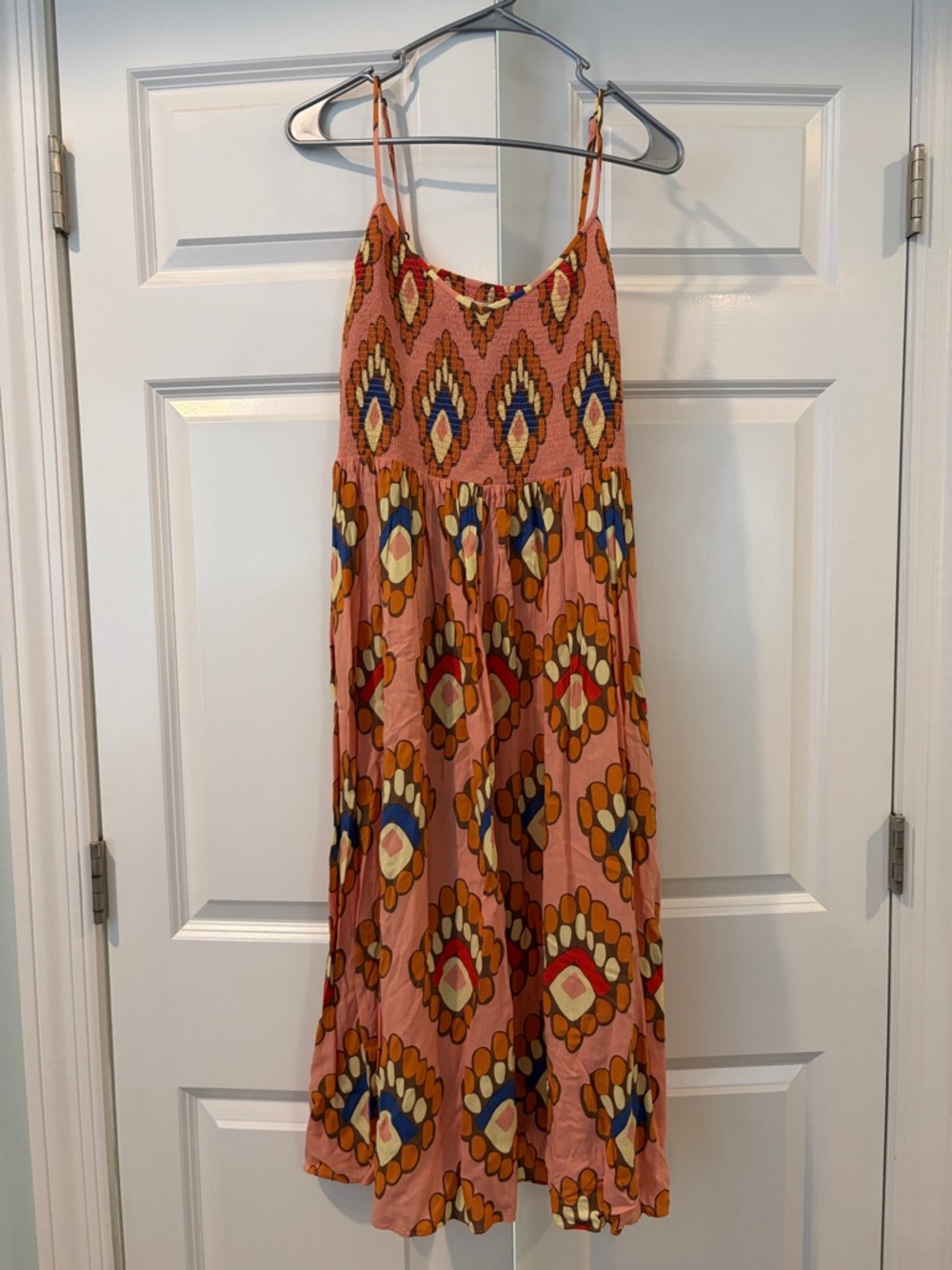 Fossil Peach Printed Maxi Dress with Blue and Mustard Accents